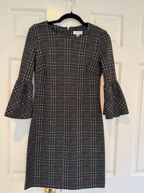 Calvin Klein Black and White Plaid Bell-Sleeve Midi Dress